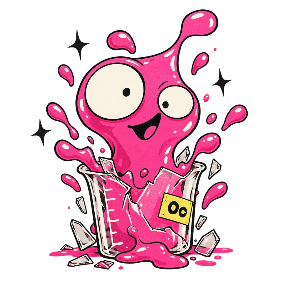 A delighted pink liquid creature bursting out of a broken laboratory beaker